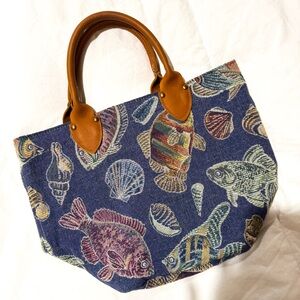 Vintage Accessories Unlimited Fish Seashell Patterned Tote Bag Handbag